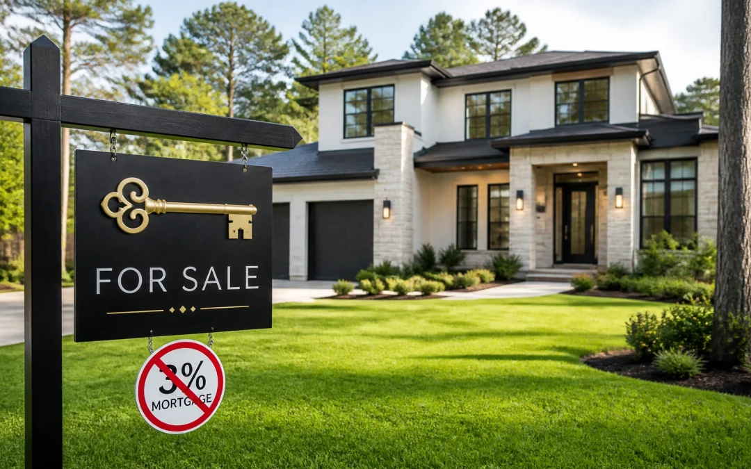 A modern suburban Houston home with a symbolic representation of the mortgage lock-in effect