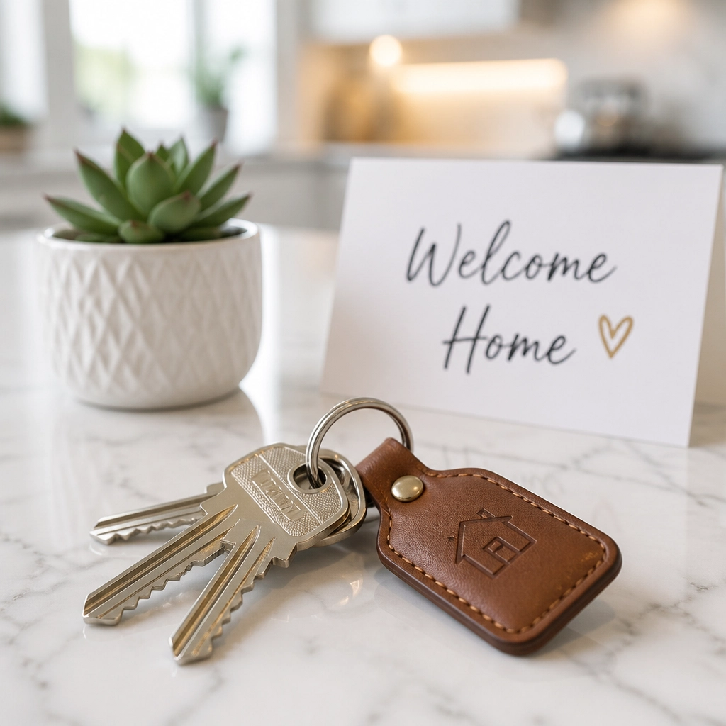 House keys and a welcome home card on a marble counter