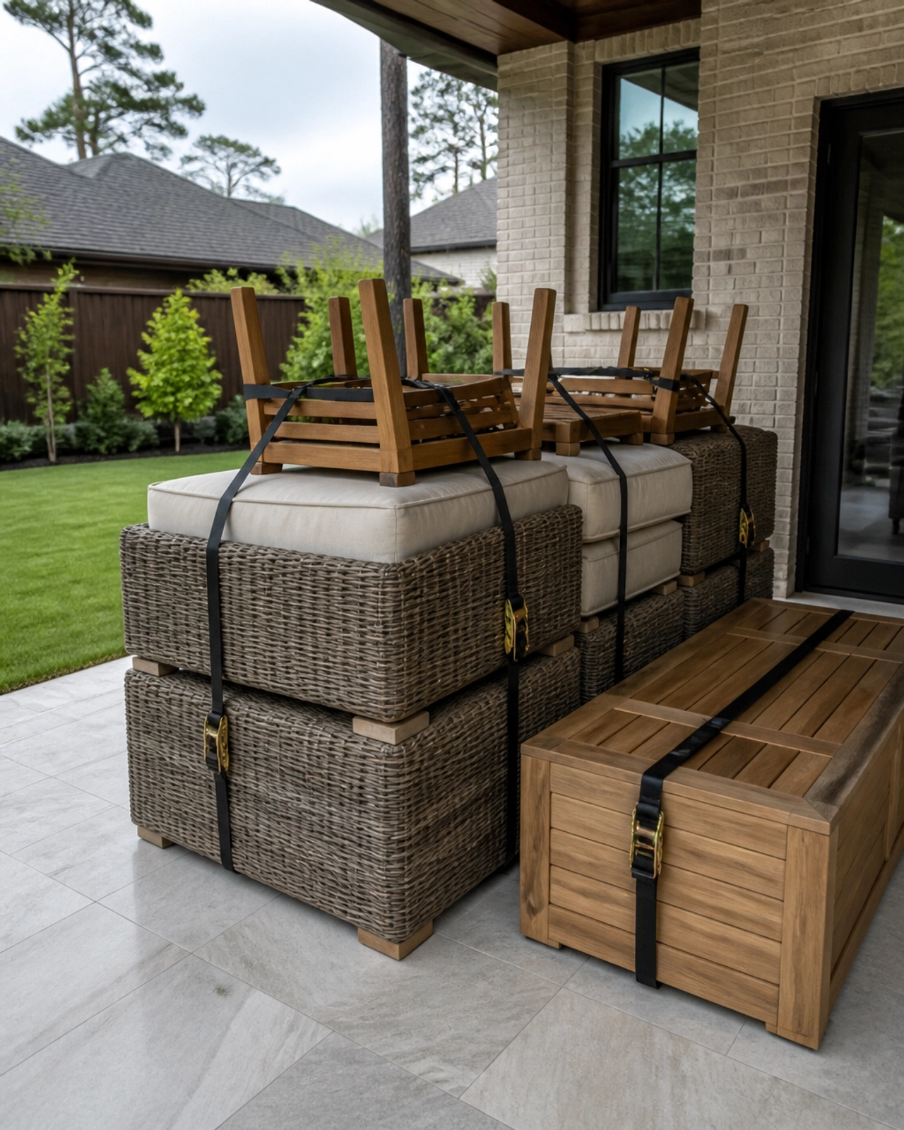 A high-end Houston patio with furniture neatly secured with straps for storm prep.